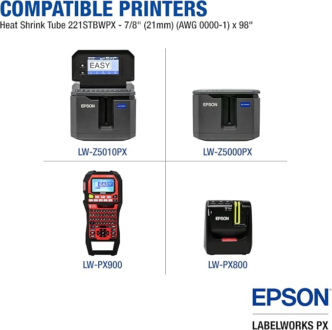 Epson LABELWORKS 221STBWPX Genuine Tape Cartridge - Black on White Shrink Tube Industrial Label Maker Tape - AWG 0000-1, 7/8" (21MM) Wide, 8 ft (96")