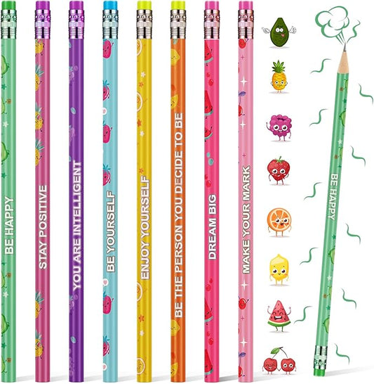 Leinuosen 60 Pcs Scented Pencils Bulk for Kids Inspirational Cute Fun Wood Smelly Pencils with Erasers Fruit Elements for School Classroom Office Students