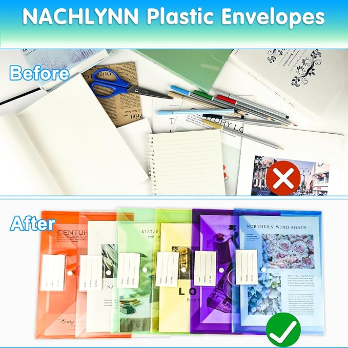 NACHLYNN 108 Pack Plastic Envelopes Plastic Folders with Snap Closure, 6 Colors A4 Size Clear File Envelopes with Label Documents Folders Organizers for Home Work Office Organization