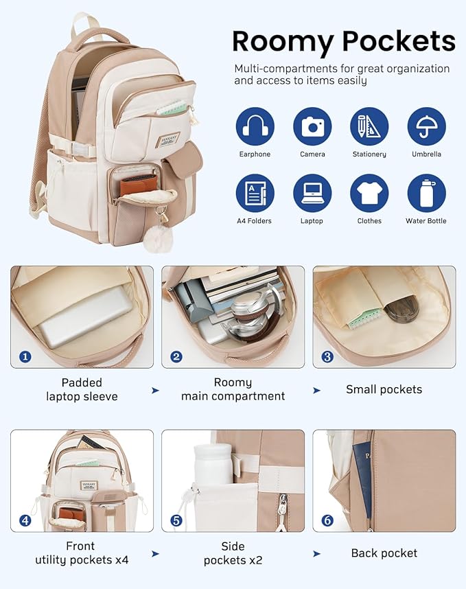 School Backpack for Teen Girls, 15.6in Laptop Bag Cute Bookbag Aesthetic for Middle High School Big Student College Women (Khaki Beige)