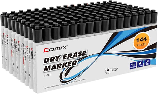 Comix Dry Erase Markers, Black Color, 4 Sets of 36 Markers, 144 Markers Total, Chisel Tip Whiteboard Makrers for Teachers Office & School Supplies
