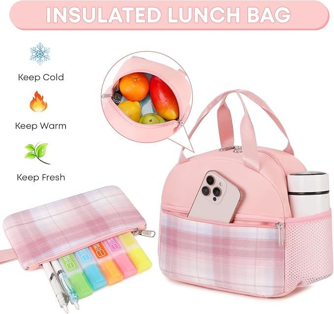 3PCS Backpack For School Women College Middle High Teen Girls Student Bookbag Waterproof Laptop Bag Plaid Pink