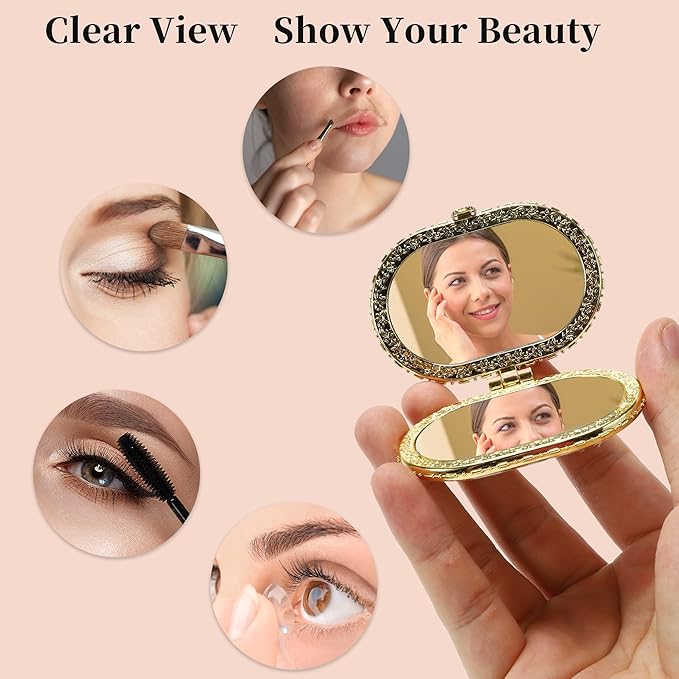 VOCOSTE Compact Mirror for Purses - Flower Pocket, Oval Mini, Floral Small, Vintage Folding, Travel Portable for Women, Black