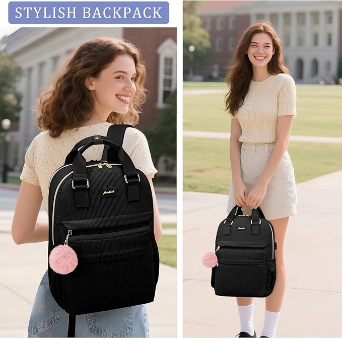 School Backpack for Girls Laptop Bookbag: Casual Corduroy Women Backpacks with USB Charging Port TSA Friendly Travel Back Pack with Anti-Theft Pockets Cute College Daypack for Teen Students Black