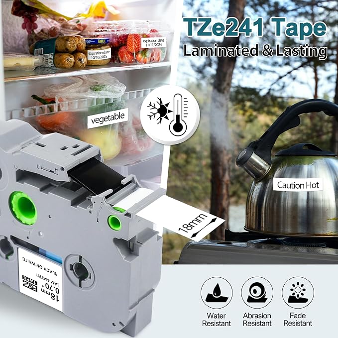 TZe-241 Label Tape 18mm Replacement for Brother P Touch TZe 18mm 0.7 Laminated White TZe241 Label Maker Tape Work for Brother PTD600 PTD400AD PT-P710BT, 3/4 Inch 26.2 Feet(8m), 4-Pack