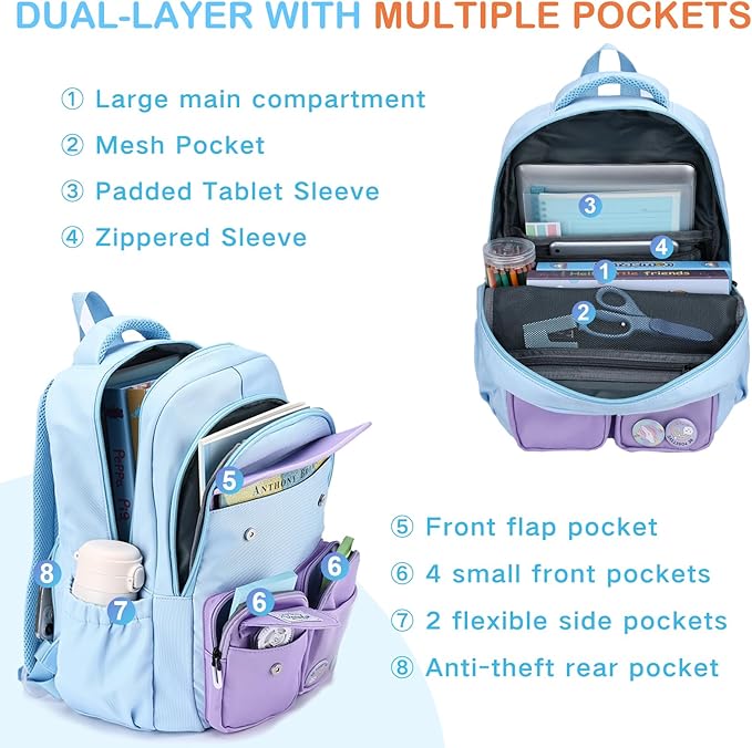 VASCHY Backpack for Girls, Cute School Bag Bookbag for Elementary Middle Schooler Teen Girls/Kids Travel with Clear Pin Pouch Sky Blue