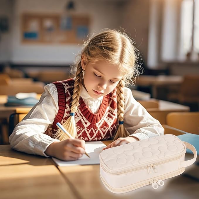 Pencil Case For Girls,Flower Quilted Large Capacity Pencil Pouch With 2 Compartment, Zipper Pencil Bag With Handle, Women Soft Pencil Box For Middle School Office College