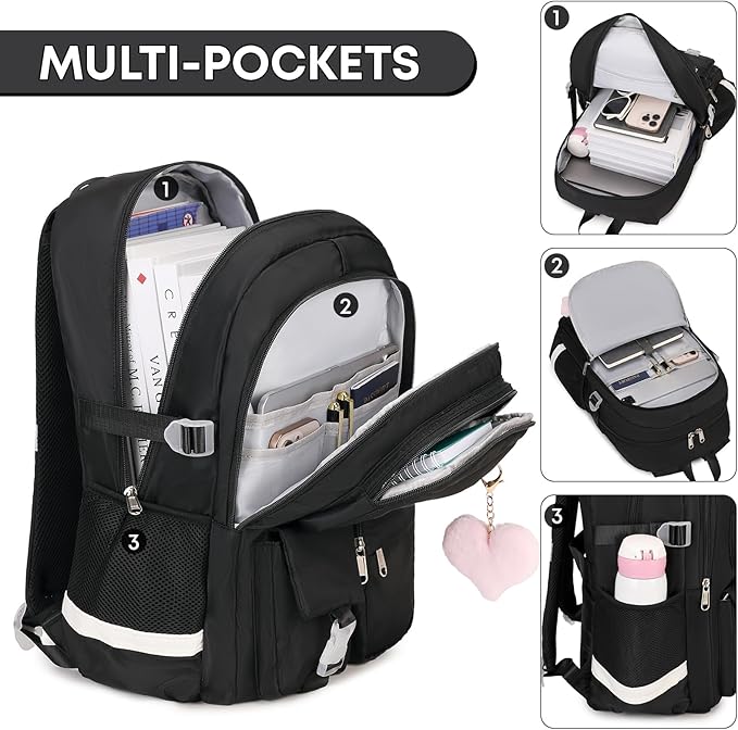 3PCS School Backpack For Student Women College Middle High Teen Girls Bookbag Waterproof Laptop Bag Black