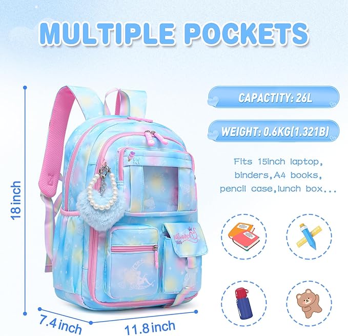 Sweet Girls Backpack School Bag for Students Kids Book Bag with Multiple Pockets Children's Backpack Trendy Laptop Backpack（17inch Blue）
