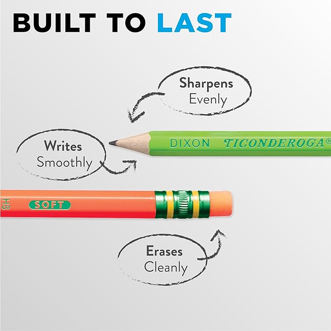 Ticonderoga Neon Pencils, #2 Pre-Sharpened Wood Pencils with Erasers, 18-Count, 13018 (Pack of 72, 1296 Count Total)