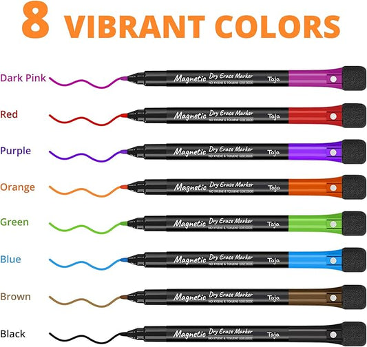 Magnetic Dry Erase Whiteboard Markers, 8 Count Colorful Fine Tip Thin Dry Erase Markers with Eraser for Home Office School Supplies-Brilliant