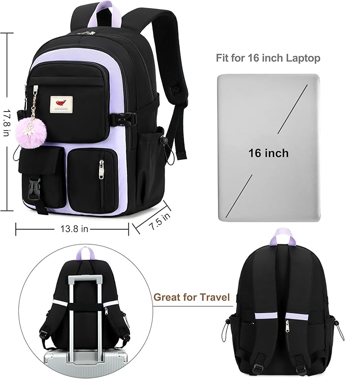 Laptop Backpack 15.6 Inch Kids Elementary Middle High School Bag College Backpacks Anti Theft Travel Back Pack Large Bookbags for Teens Girls Women Students (Black Purple)