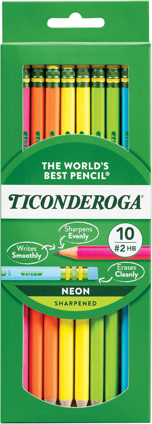 Ticonderoga Wood-Cased Pencils, Pre-Sharpened, #2 HB Soft, Neon Colors, 10 Count