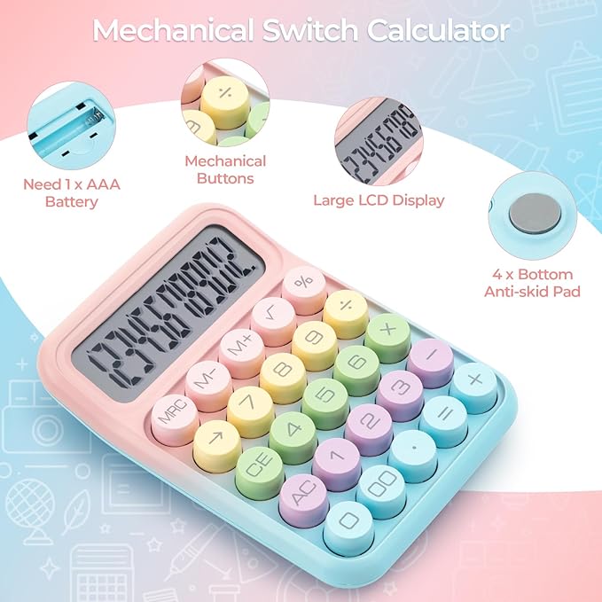 M&G Mechanical Switch Calculator, 12 Digit Basic Desk Calculator, Large LCD Display and Big Buttons, Cute Desktop Calculators Gift for Children Students Teacher