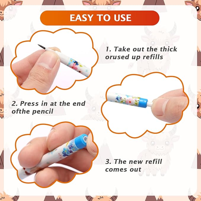 Kolewo4ever 48pcs HB Highland Cow Pencils Kawaii Cute Multipoint Pencil Push Translucent Non Sharpening Stackable Pencils Pop Up Plastic Pencil for Classroom Rewards Carnival Prizes