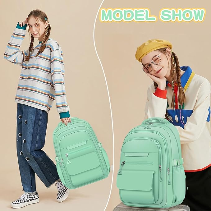 Cute Backpack for School Teen Girls Green Bookbag Aesthetic Womens Travel Book Bags for School Kids Student Back Packs