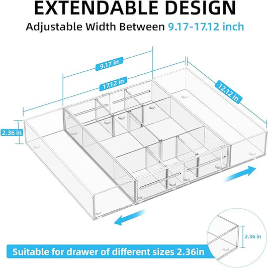 Marbrasse Acrylic Expandable Drawer Organizer, Clear Desk Drawer Organizer Tray with 5 Dividers, Desk Organizers and Accessories, 10 Adjustable Compartments for Office Supplies, Makeup & Vanity