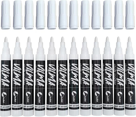 Vilma White Liquid Chalk Markers - Wet Erase, Window Markers for Chalkboards, Blackboards, Glass, 12 Pack