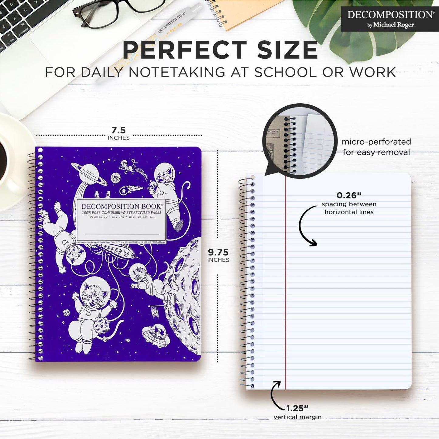 Decomposition Kittens in Space College Ruled Spiral Notebook - 9.75 x 7.5 Journal with 160 Lined Pages - 100% Recycled Paper - Cute Notebooks for School Supplies, Home & Office - Made in USA