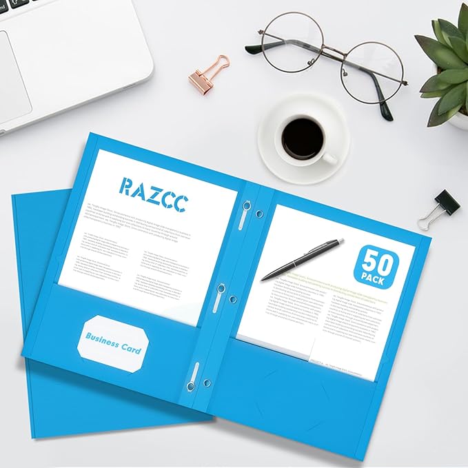 Two Pocket Folders, RAZCC 50 Pack Two Pocket Folders with Prongs, 3 Prong Folders Fit Letter Size Paper, Pocket File Folders for School Office Home Business, Blue