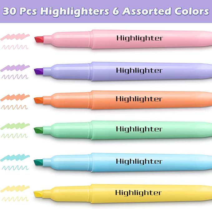 Duchong 30 Count Highlighters, Pastel Highlighters Assorted Colors Bulks, Chisel Tip Dry-Quickly Highlighter Markers for Adult Kids, Office Classroom Must Have, School Supplies for Teachers