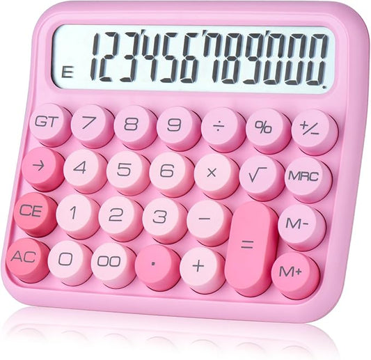 Mechanical Switch 12-Digit Pink Calculator - Large LCD Display, Big Buttons, Desktop, Cute, For Everyday Use