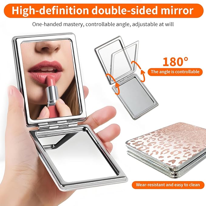 Compact Pocket Mirror, Cute Travel Mini Mirror with Magnification, Foldable Double-Sided Portable Cosmetic Mirror for Men, Women Glitter Rose Leopard