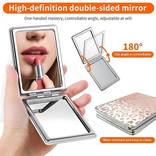 Compact Pocket Mirror, Cute Travel Mini Mirror with Magnification, Foldable Double-Sided Portable Cosmetic Mirror for Men, Women Glitter Rose Leopard