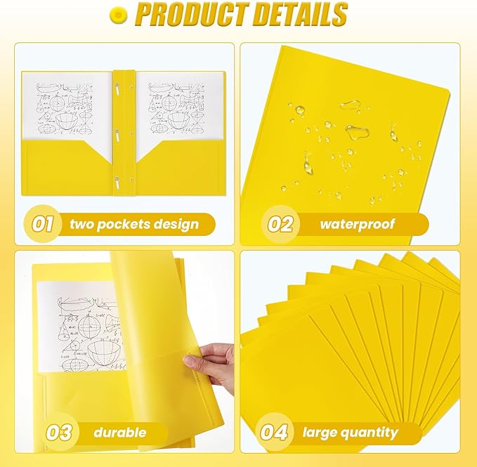 Lincia 100 Pcs Plastic Folders with 2 Pockets and Prongs for Office, School, Students, Teachers, Office Workers (Yellow)