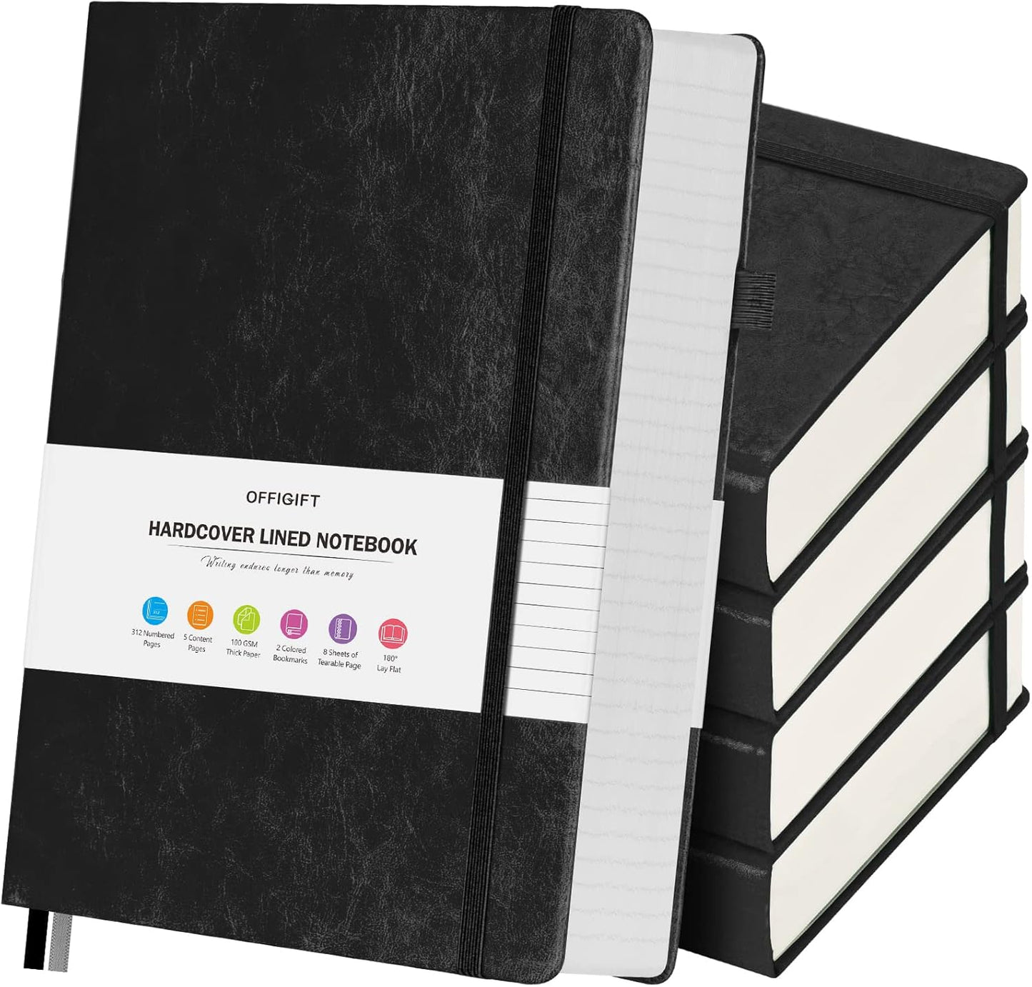 5 Pack College Ruled Notebook, 312 Numbered Pages Thick Notebooks Bulk, 100gsm No Bleed Paper Hardcover Leather Journal, Lined Journal Notebook Set for Women Men School Office, A5, Black