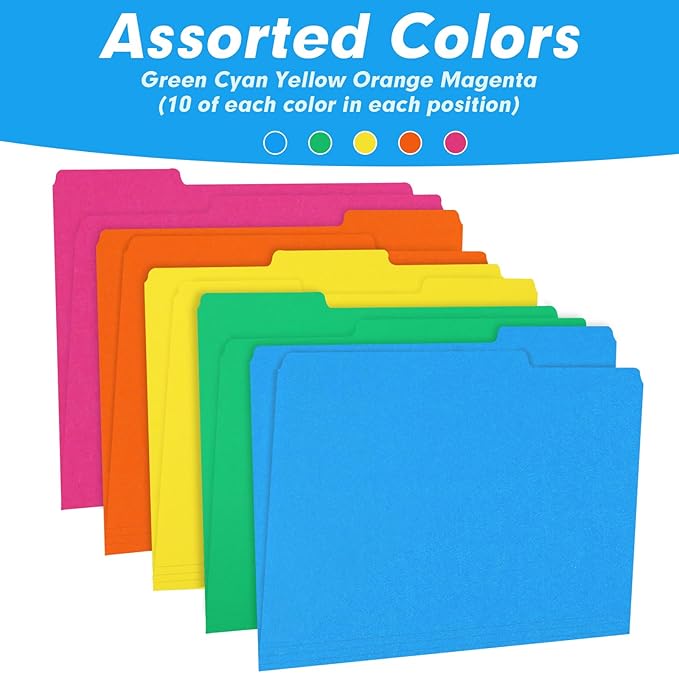 File Folder, RAZCC 150 Pack 1/3 Cut Tab Colored File Folders, File Folder Letter Size for Office Classroom Use, Assorted 5 Colors Folders with Tabs