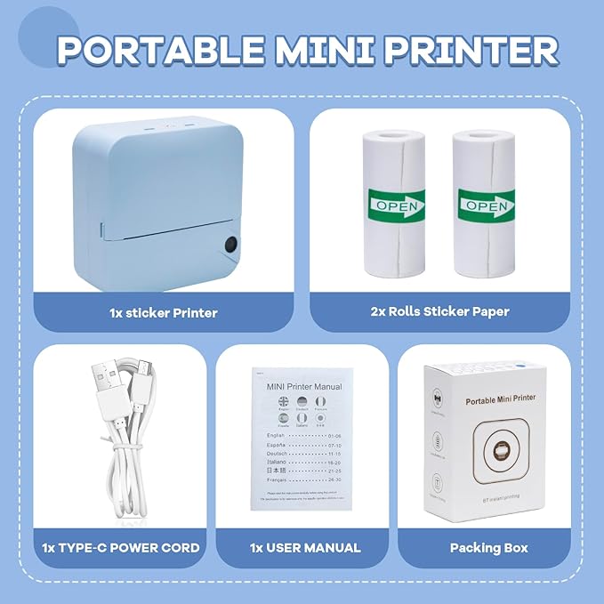 Portable Mini Thermal Printer, Pocket Sticker Maker for Kids Cute Bluetooth Phone Printer with 2 Rolls Paper for Study Graphics, Notes, Fun, DIY, Compatible with Phone or Tablet