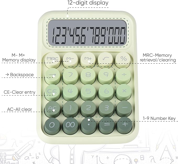 Mechanical Pushbutton Calculator,12 Digit Large LCD Display,Big Buttons Easy to Press,Colorful Candy Calculator,Automatic Sleep,with Battery.for Office,School, Home. (Green)
