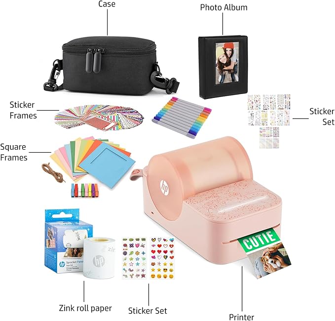 HP Sprocket Panorama Instant Portable Color Label & Photo Printer (Pink) Gift Bundle with case, Zink roll, Photo Album, Markers, Stickers and Frames