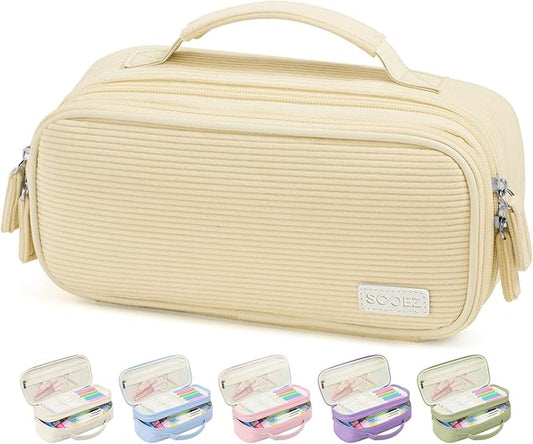Sooez Large Pencil Case Pouch, Soft Corduroy Pencil Bag with Handle, Cute Pen Case, 5 Compartments, Wide Opening Pen Pouch Organizer with Zipper, Aesthetic School Supplies for Girls Women, Yellow