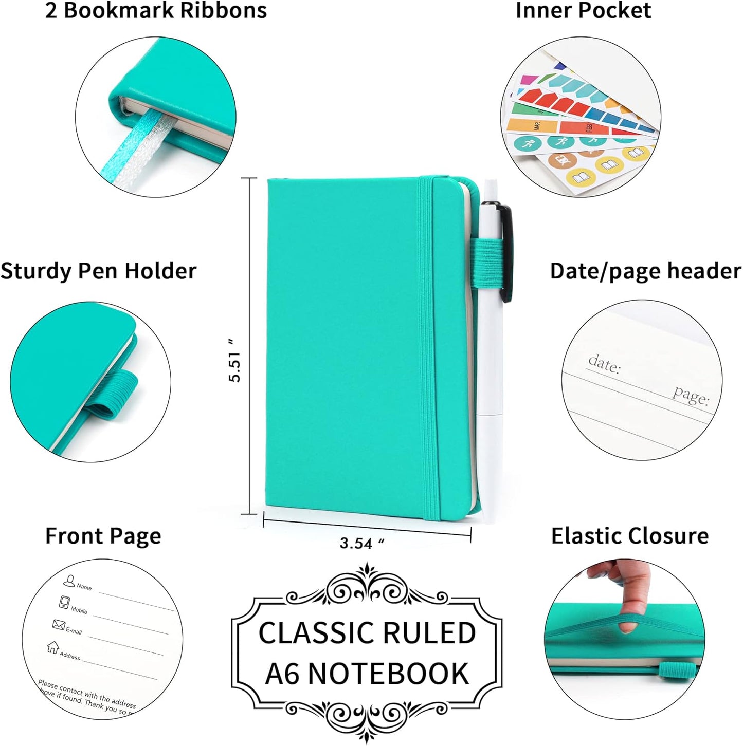 feela 3 Pack Pocket Small Notebook Journals, Mini Cute Memo Notepad Hardcover College Ruled Lined Journals with Pen Holder for Women Girls Office School, with 3 Black Pens, 3.5”x 5.5”, A6, Aqua