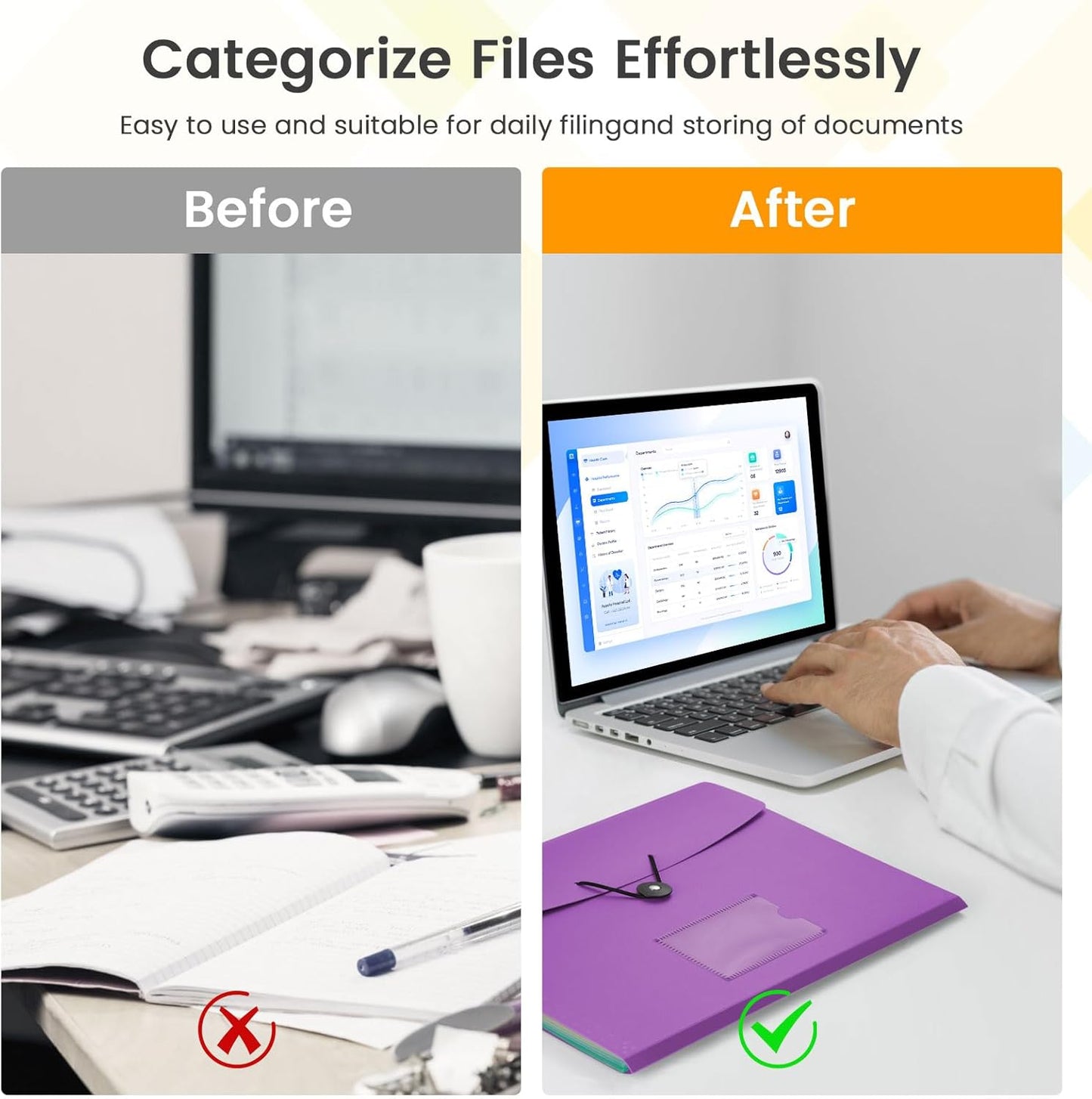 Accordion File Organizer, 7 Pockets Expanding File Folder with Labels, A4/Letter Size Portable Folders for Documents, Paper Organizer for School Office Supplies, Purple