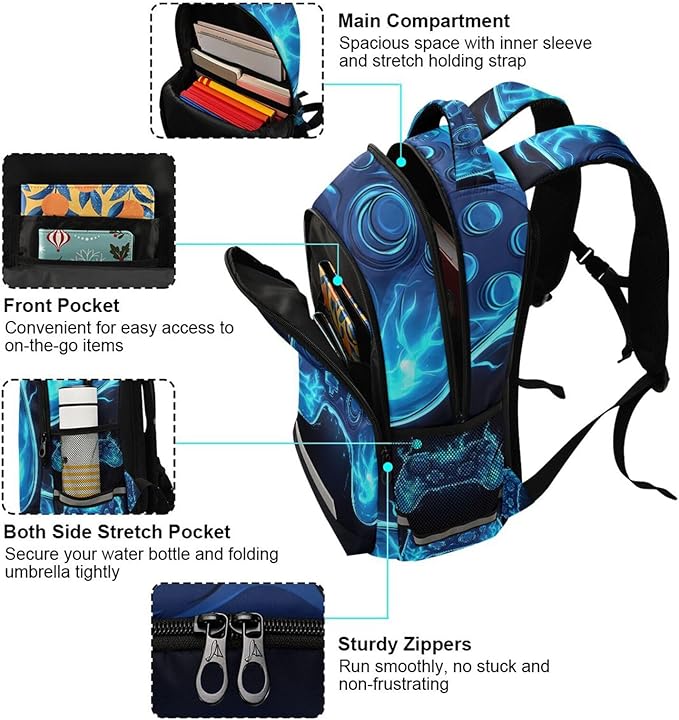 Joystick Video Game Blue Flame Backpack for Boys Girls Elementary School Bag Kids Bookbag Travel Rucksack