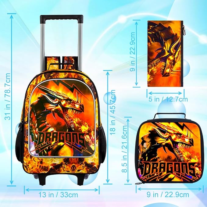 3PCS Rolling Backpack for Boys, Kids Roller Bookbag with Wheels, Dragon Wheeled School Backpack for Elementary Preschool Kindergarten(Orange)