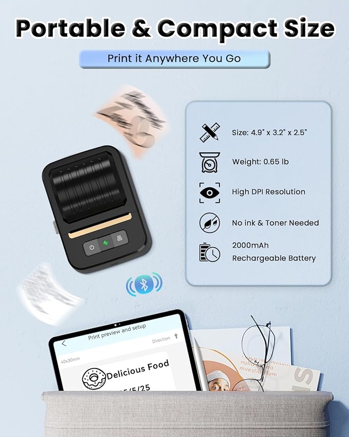 Label Makers, Label Maker Machine with Tape, Bluetooth Label Maker, Portable Thermal 2 Inch Label Printer for Small Business, Barcode, Address, Logo, Clothing, Sticker Printer for Phones & PC