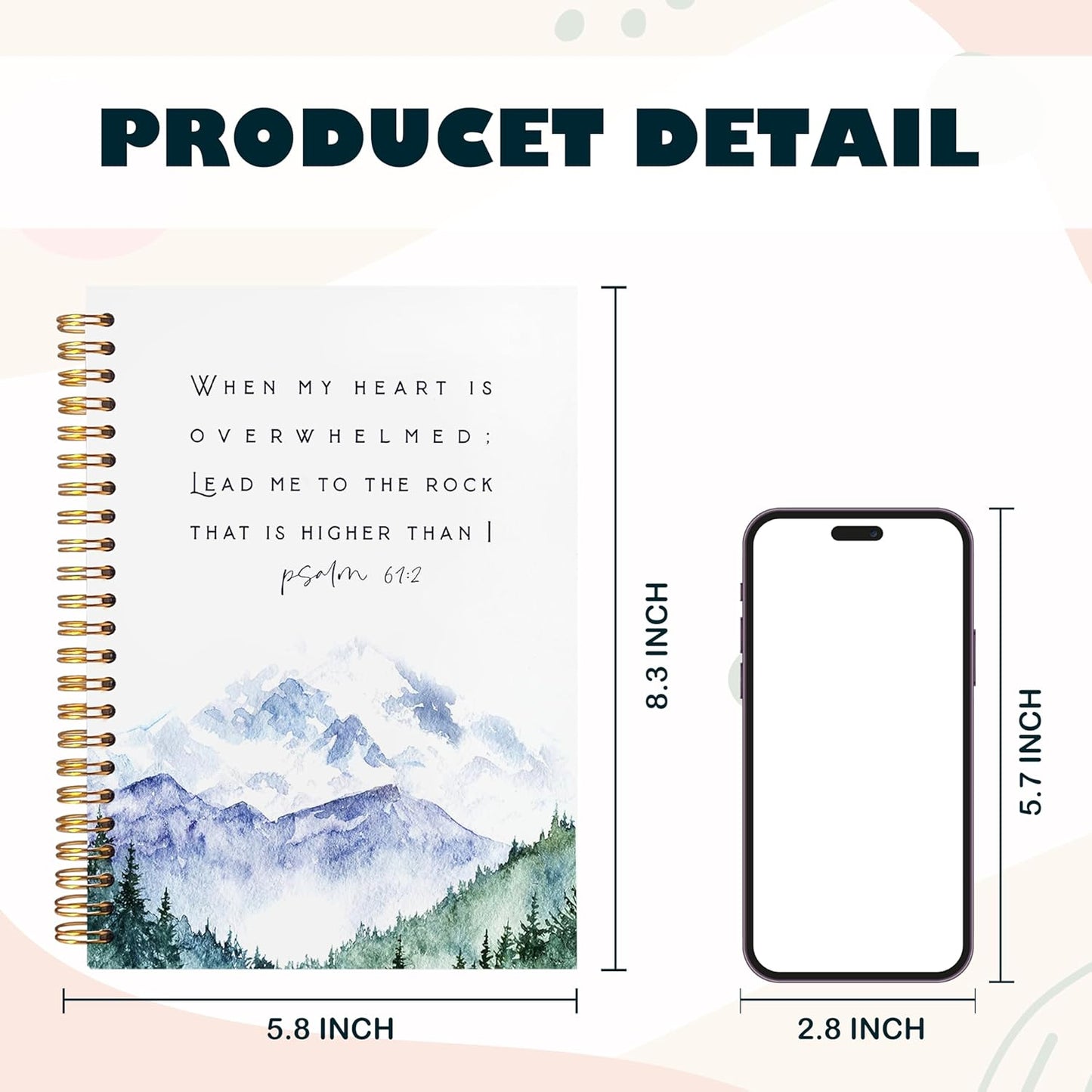 BearCake Christian Notebook Journal, Prayer Journal for Women, Lead Me To the Rock That is Higher Than I Bible Notebooks for Note Taking, Watercolor Mountain Hardcover Spiral Notebook 5.5x8.3