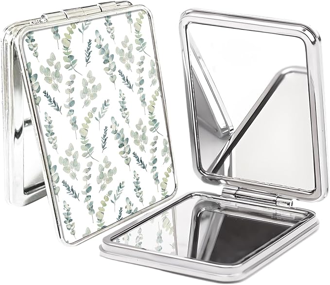 Compact Pocket Mirror, Cute Travel Mini Mirror with Magnification, Foldable Double-Sided Portable Cosmetic Mirror for Men, Women Green Leaf