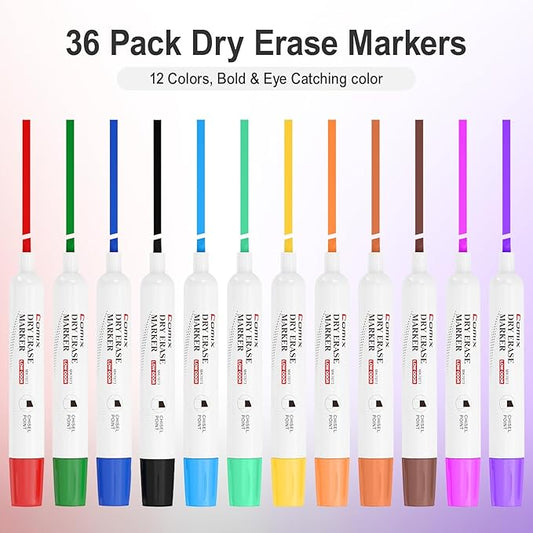 Comix Dry Erase Markers, Chisel Tip White Board Markers, 36 Count 12 Assorted Colors Low Odor Markers for Kids Teachers Office & School Supplies