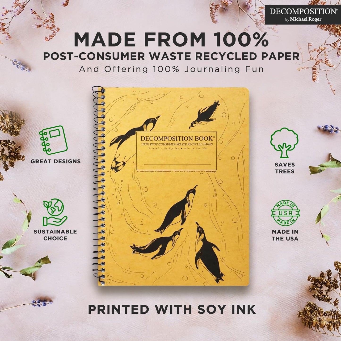 Decomposition King Penguins College Ruled Spiral Notebook - 9.75 x 7.5 Journal with 160 Lined Pages - 100% Recycled Paper - Cute Notebooks for School Supplies, Home & Office - Made in USA