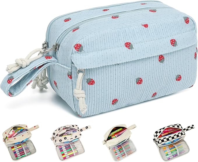 Bluboon Big Capacity Pencil Case Pencil Pouch Pen Case School Supplies Cute Pencil Box Pencil Bag for Teen Girls Boys Women Man (Strawberry Blue)