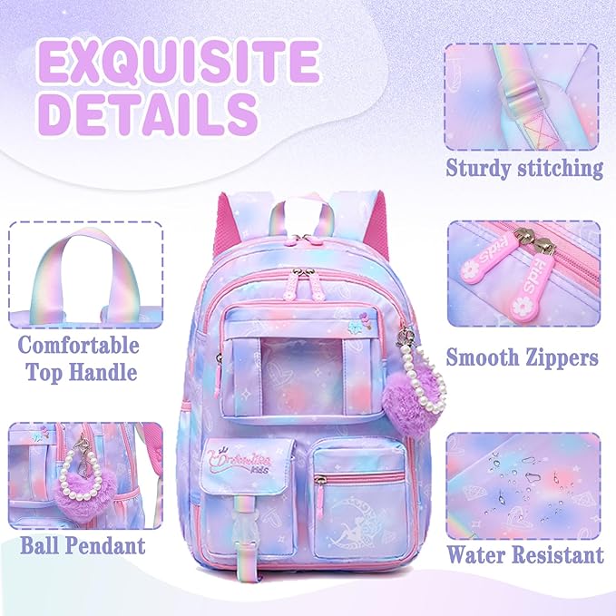 Sweet Girls Backpack - Stylish Splash-resistant School Bag with Multiple Pockets & Trendy Laptop Compartment（17inch Purple）