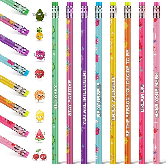 Leinuosen 120 Pcs Scented Pencils for Kids Cute Motivational Colorful Fun Wood HB Pencils Bulk with Erasers Fruit Elements for School Office Classroom Student