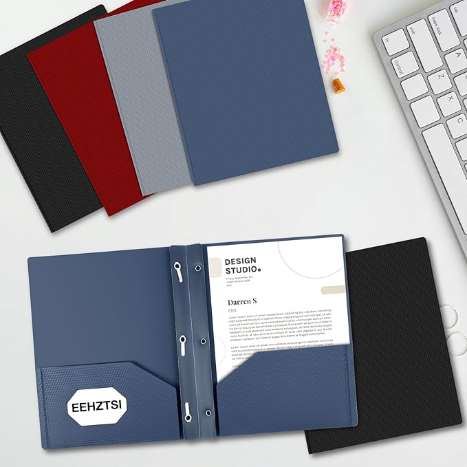 12-Pack Plastic Folders with Pockets and Prongs,2-Pocket Folders with 3 Fasteners, Poly Folders Holds 8-1/2" x 11" Paper for School/Office/Home, Blue