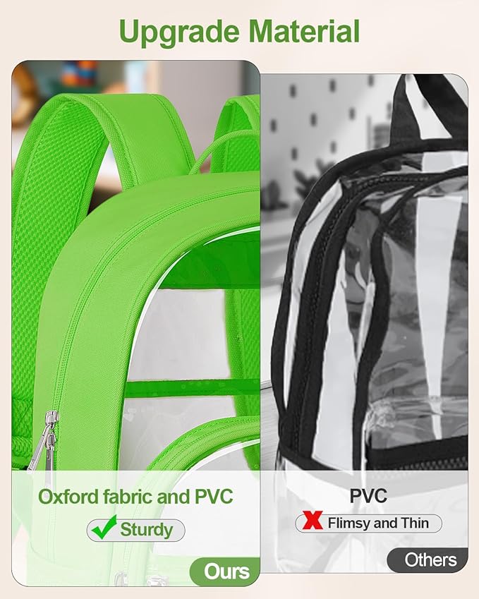 Clear Backpack, Heavy Duty Transparent Bookbag for School, Fabric & PVC Transparent Backpack with Reinforced Strap for Women Men, Capacity Clear Bag for College, Travel, Security, Green