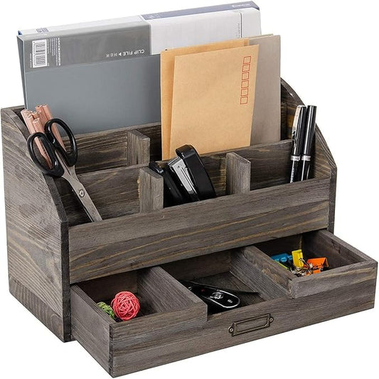 VERGOODR Rustic Wood Desk Organizer and Storage with Drawer and Pen Holder Bill Mail Organizer and Mail Holder for Countertop Kitchen Desk Decorative & Workspace Organizers(Rock Grey)